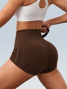 女士弧形紋理瑜伽側邊褶皺提臀高腰瑜伽運動短褲