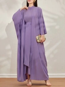 Al Najma 女性時尚純色優雅長裙和外套兩件套 - 紫色 - 查看 7