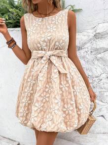 SHEIN LUNE Round Neck Sleeveless Flounce Hem Textured Dress With Smocking Waistline - Apricot - View 5