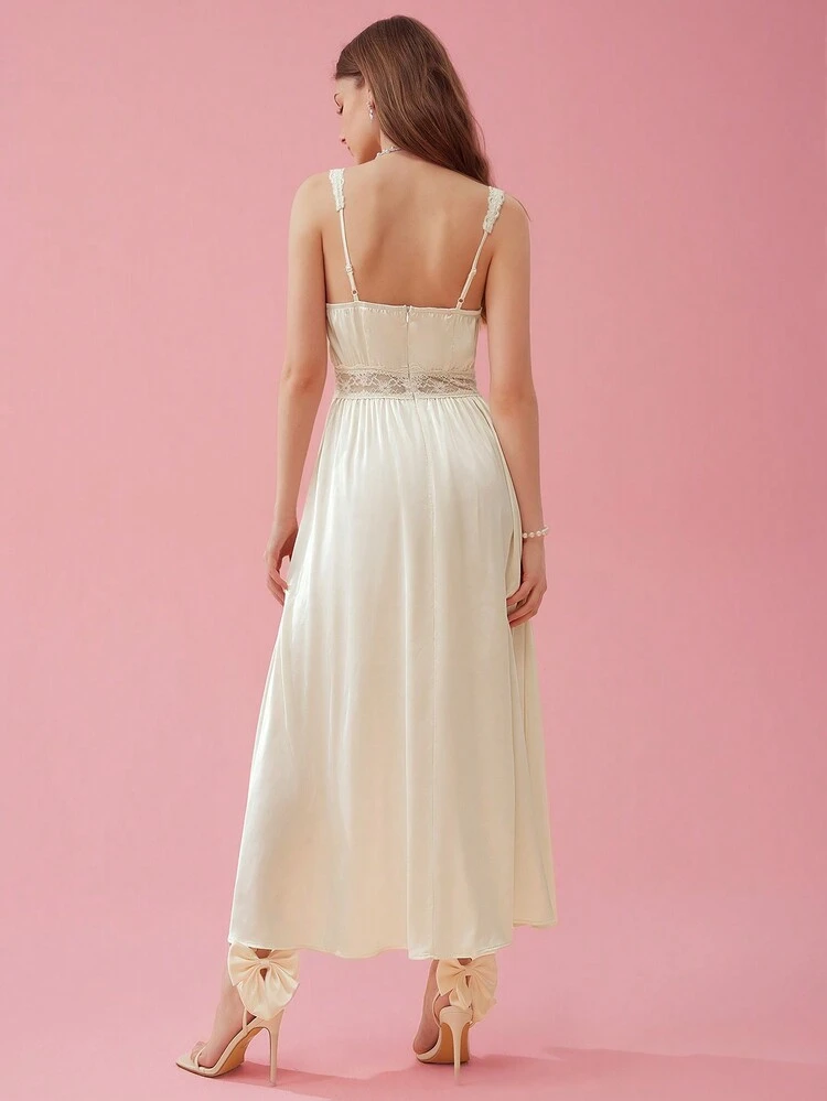 レースパッチワーク スパゲッティストラップドレス、レディースサマー カジュアルドレス