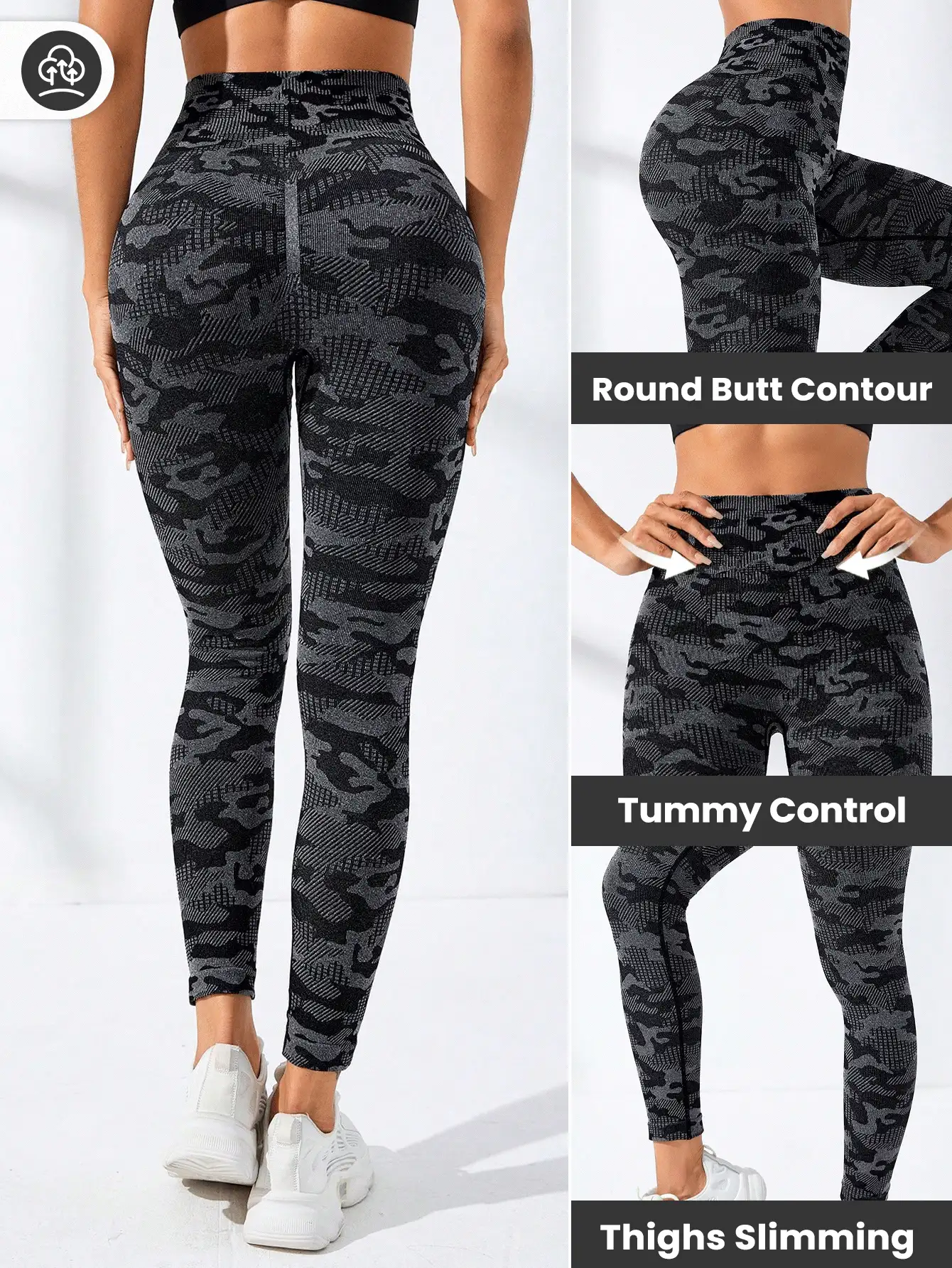 Easithlete Camo Print Wideband Waist Sports Leggings - Black - View 3