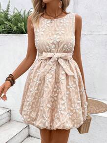 SHEIN LUNE Round Neck Sleeveless Flounce Hem Textured Dress With Smocking Waistline - Apricot - View 1