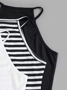 SHEIN Teen Girl Knitted Black And White Stripe Solid Color Casual Top 3pcs Set