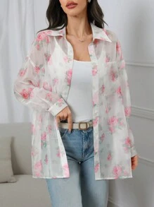 Mulvari Camisa de estilo vacacional para mujer con estampado floral de manga larga