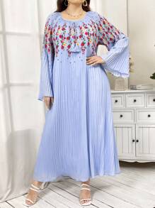 Seusyu Plus Size Loose Casual Round Neck Printed Bell Sleeve Dress - Blue - View 4