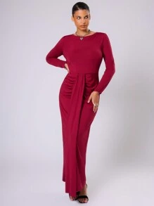MUSERA Plus Size Slinky Ruched Drape Maxi Dress Outfit For Date Night, Romantic, Classy, Elegant, Occasion Dress, Wedding Guest, Races Flowy, Versitile - Burgundy - View 1
