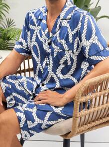 Men's Random Print Short Sleeve T-Shirt And Shorts Home Suit - Blue - View 2