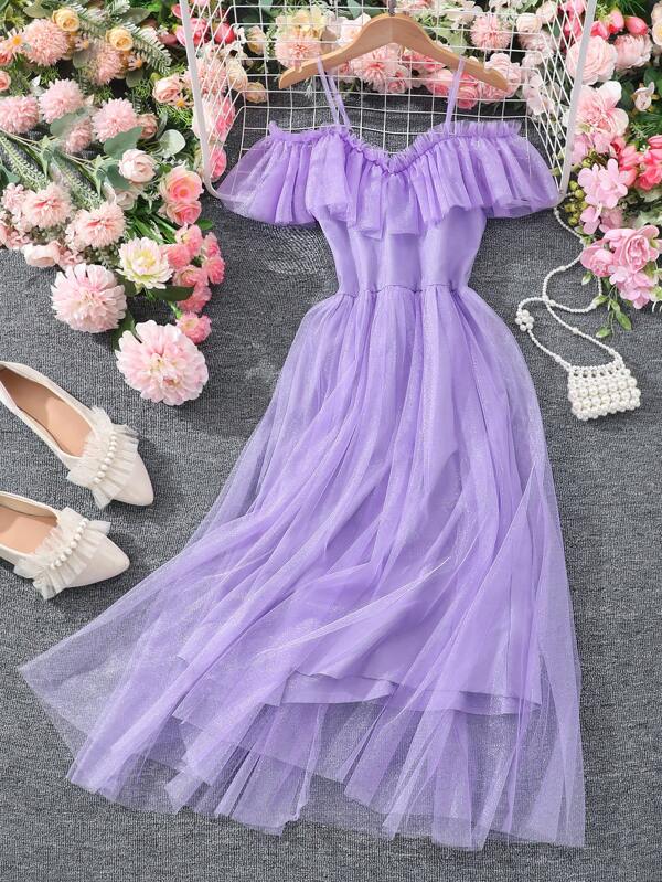 Tween Girl Summer Color Solid Mesh Splice Volane Rochie Lungă Cu Volane tiv