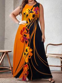 Plus Size Kwiatowy Nadruk Okrągły Dekolt Bez Rękawów Swobodna Letnia Sukienka Maxi Strój Damski - Wielokolorowe - Zobacz 4