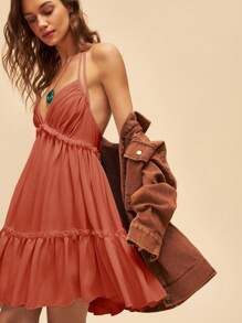 Bohemela Jednokolorowa sukienka z dekoltem typu halter, bez pleców, z marszczonym brzegiem i wiązaniem na plecach, idealna na letnie wakacje