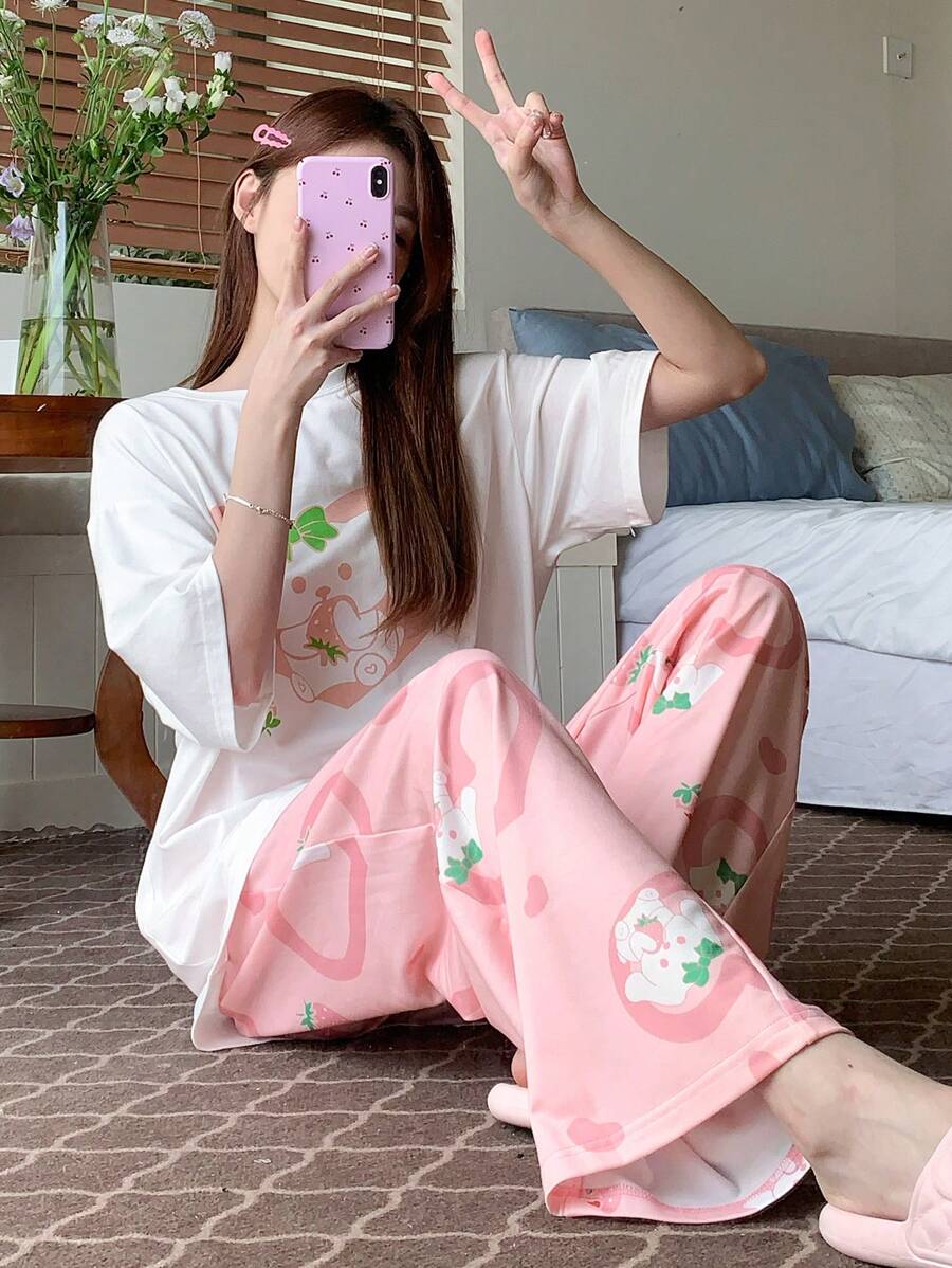DAZY Cute Rabbit Printed Loose White Top & Pants Sleepwear Pajama Set - White - View 1