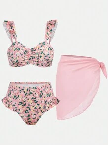 SHEIN Teen Girl Pink Ditsy Floral Mini Flutter Sleeve Bikini With Ruffle Trim And Sarong Cover-Up Set, Ideal For Beach Vacation And Swimming