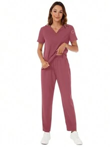 V-Neck Pocket Short Sleeve Top And Pocket Pants Scrub Uniform Set