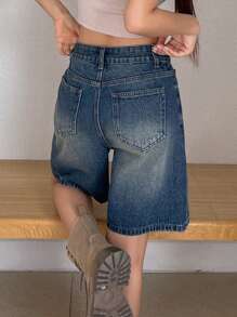 DAZY Quần short Bermuda denim dáng rộng có túi dành cho nữ. - Rửa trung bình - Xem 4