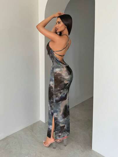 SHEIN SXY 女士透視水染開背連衣裙，假期性感夏季海灘度假波西米亞女性裝扮