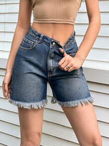 RueChic High Waist Ripped Raw Hem Straight Leg Denim Shorts - Medium Wash - View 6
