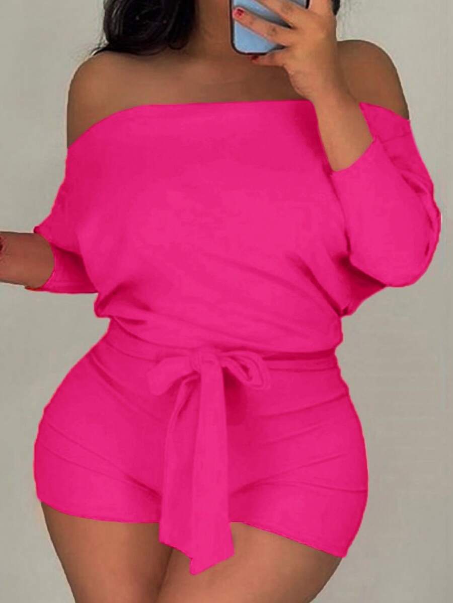 Slaydiva Plus Size Women's Casual Open Shoulder Solid Color Jumpsuit With Waist Belt, Short Length - C - Hot Pink - View 1