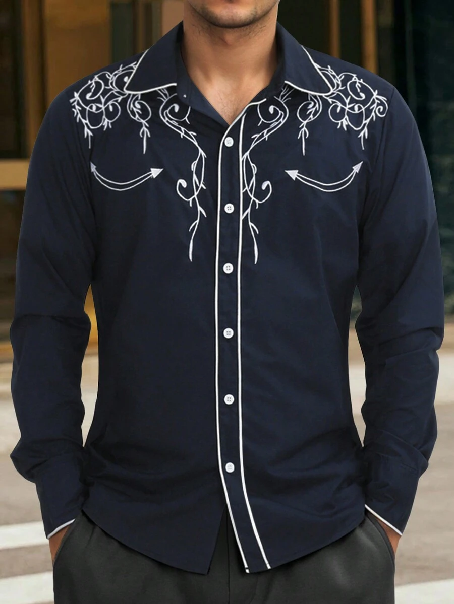 Men's Western Cowboy Embroidered Long Sleeve Commute Shirt - Navy Blue - View 1
