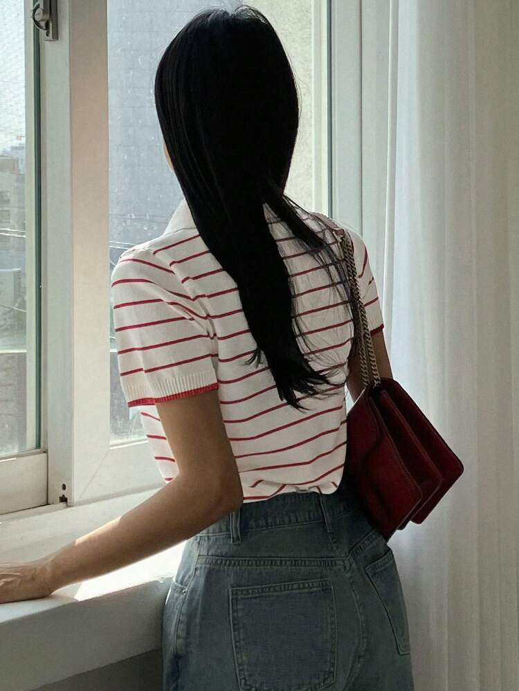 Business Casual Contrast Color Stripe Short Sleeve Knit Top