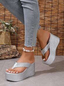 女士时尚高帮厚底编织带罗马凉鞋、人字拖、夏季穿搭、旅行必备 - 銀色 - 查看 6