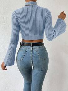EURMUSE Stand Collar Flare Sleeve Cropped Sweater - Baby Blue - View 2