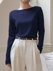 Dazy-Less 纯色船领长袖 T 恤老款商务休闲女士工作服