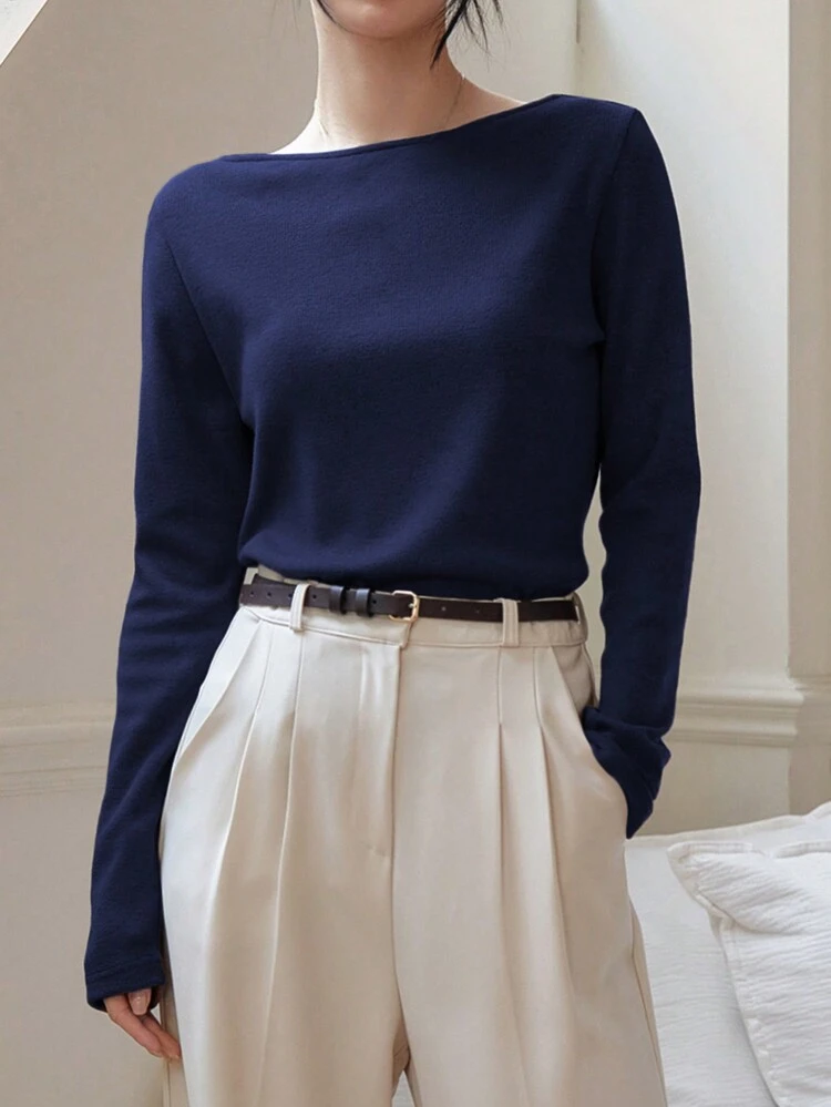 Solid Color Boat Neck Long Sleeve T-Shirt Old Money Style Business Casual Woman Work Clothes