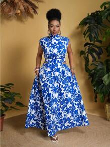 Slaydiva Vestido acampanado de tela no elástica con estampado azul, diseño calado, para el verano, tallas grandes - Azul - Ver 1