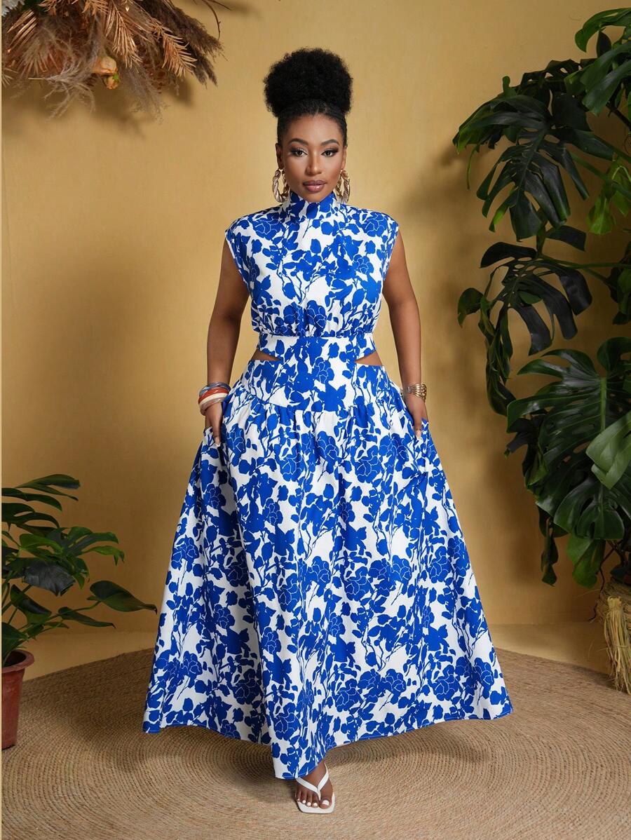 Slaydiva Vestido acampanado de tela no elástica con estampado azul, diseño calado, para el verano, tallas grandes - Azul - Ver 1