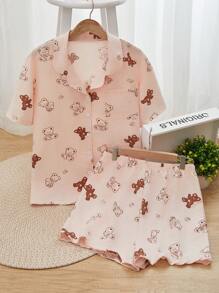 SHEIN Women's Teddy Bear Short Sleeve Cardigan And Shorts Two Pieces Homewear Set - Pink - View 1