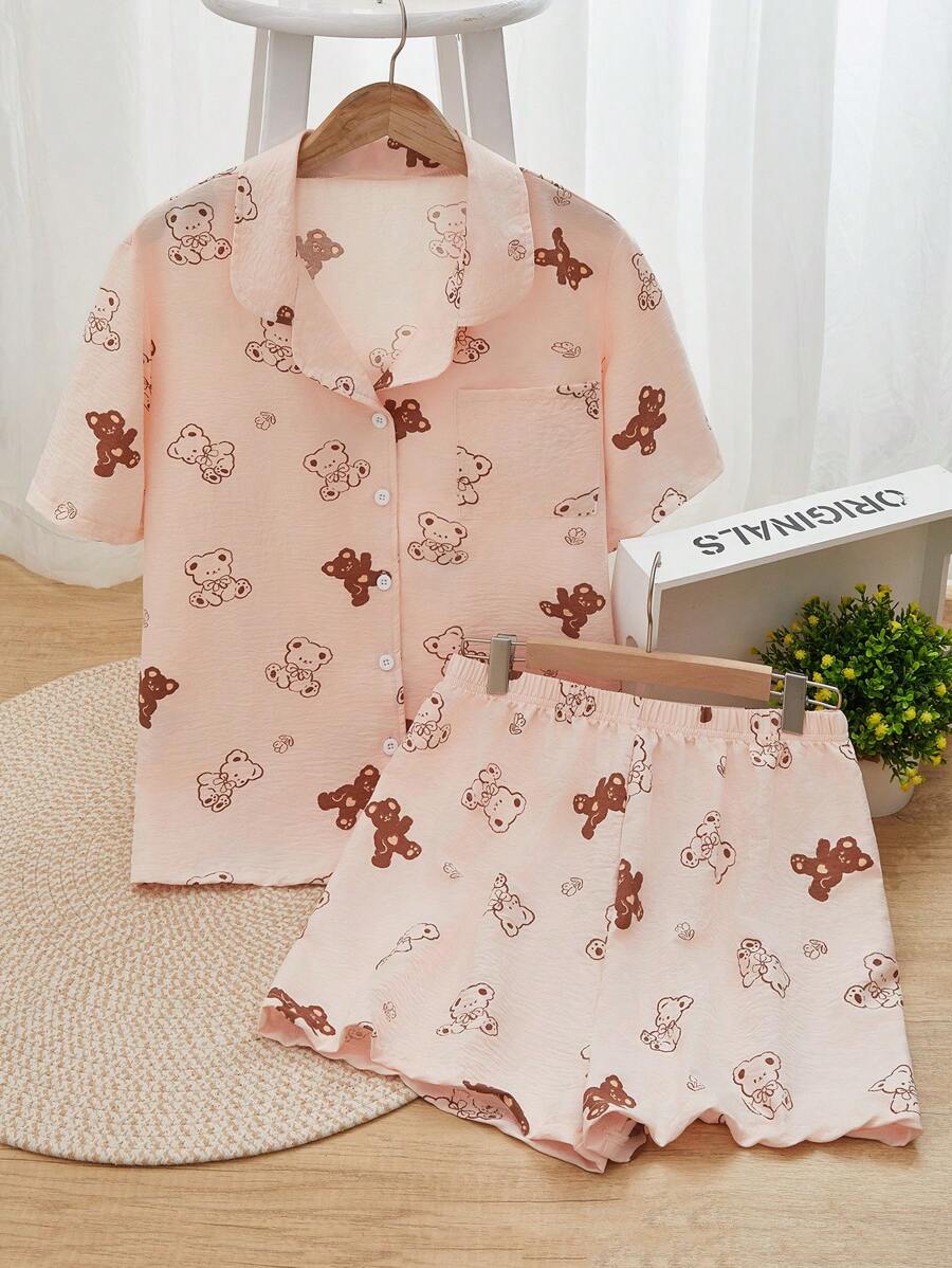 SHEIN Women's Teddy Bear Short Sleeve Cardigan And Shorts Two Pieces Homewear Set - Pink - View 1