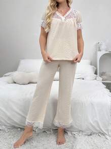 Earthy Tone Lace Trimmed Women's Pajama Set With V-Neckline And Small Buttoned Front Opening - Apricot - View 4