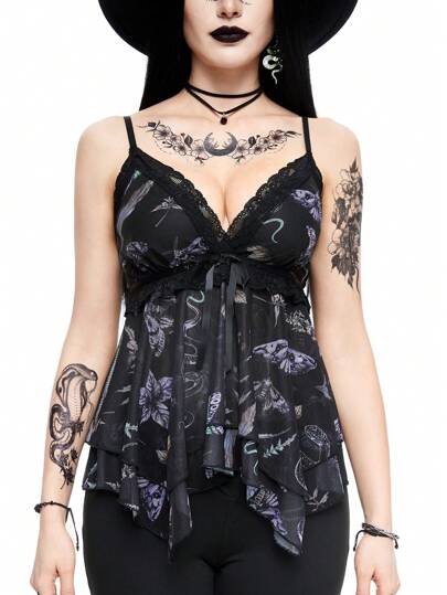 ROMWE Mysterious Gothic Style Snake & Floral Mesh Allover Print Patchwork Lace Ribbon Bow Asymmetrical Design Sexy Women's Tank Top