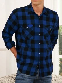 Men Plaid Print Flap Pocket Shirt - Blue - View 4