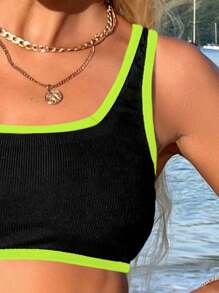 SHEIN Swim Women's Summer Beach Contrast Neon Trim Casual Bikini Set, Bathing Suit