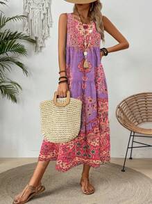 Breezaya Casual Vacation Print Ruffle Hem Sleeveless Dress Maxi Vacation Beach Outfits Women - Pink - View 4