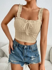 SHEIN EZwear Women's Fashionable Knitted Mesh Hollow Out Sleeveless Tight Tank Top - Apricot - View 6