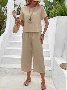 SHEIN LUNE 2 件套女士蝙蝠袖上衣和裤子夏季服装夏季两件套亚麻套装 - 卡其色 - 查看 4