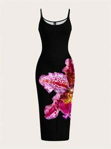 SHEIN EZwear Women Floral Orchid Print Sleeveless Bodycon Dress, Summer - White - View 1