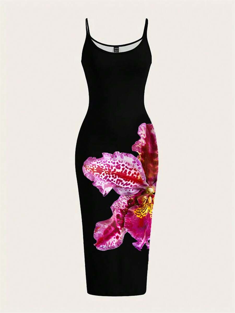 SHEIN EZwear Women Floral Orchid Print Sleeveless Bodycon Dress, Summer - White - View 1