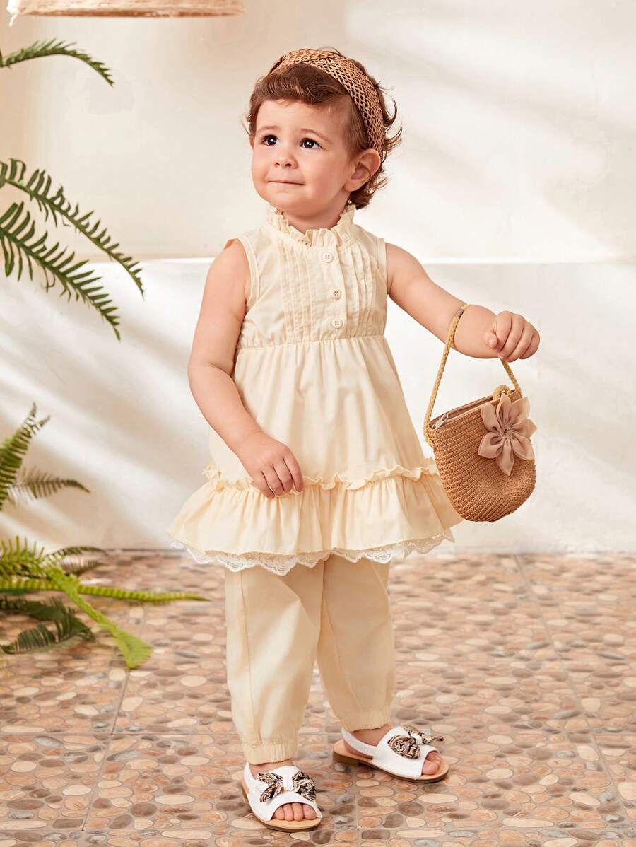 SHEIN 2入組女寶寶春夏款保守風格編織蕾絲優雅休閒裝，上衣和褲子 - 米色 - 查看 1
