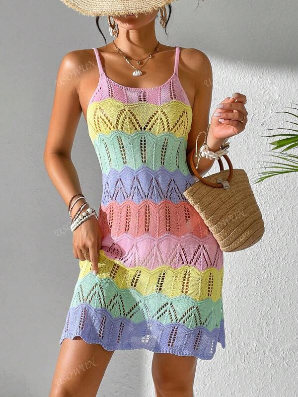 Vestido feminino de verão boho, férias na praia, roupas de férias, contraste de cores, patchwork, malha vazada