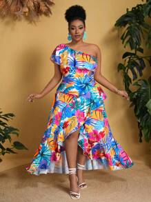 Slaydiva Elegante y romántico vestido de flores de línea A con volantes multicapas y un hombro para mujeres de talla grande