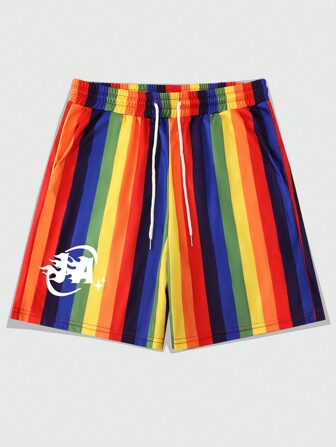 Street Life Shorts rayados con arcoíris estampados para hombres, con cintura ajustable con cordón, de moda para el verano