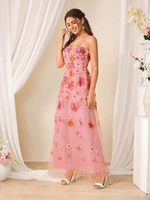 SHEIN Belle Đầm dài thêu dây sang trọng trang trọng dành cho nữ - Màu Hồng baby - Xem 5