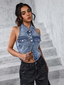 SHEIN EZwear Women's Simple Solid Color Denim Vest Top For Daily Wear - Medium Wash - View 6