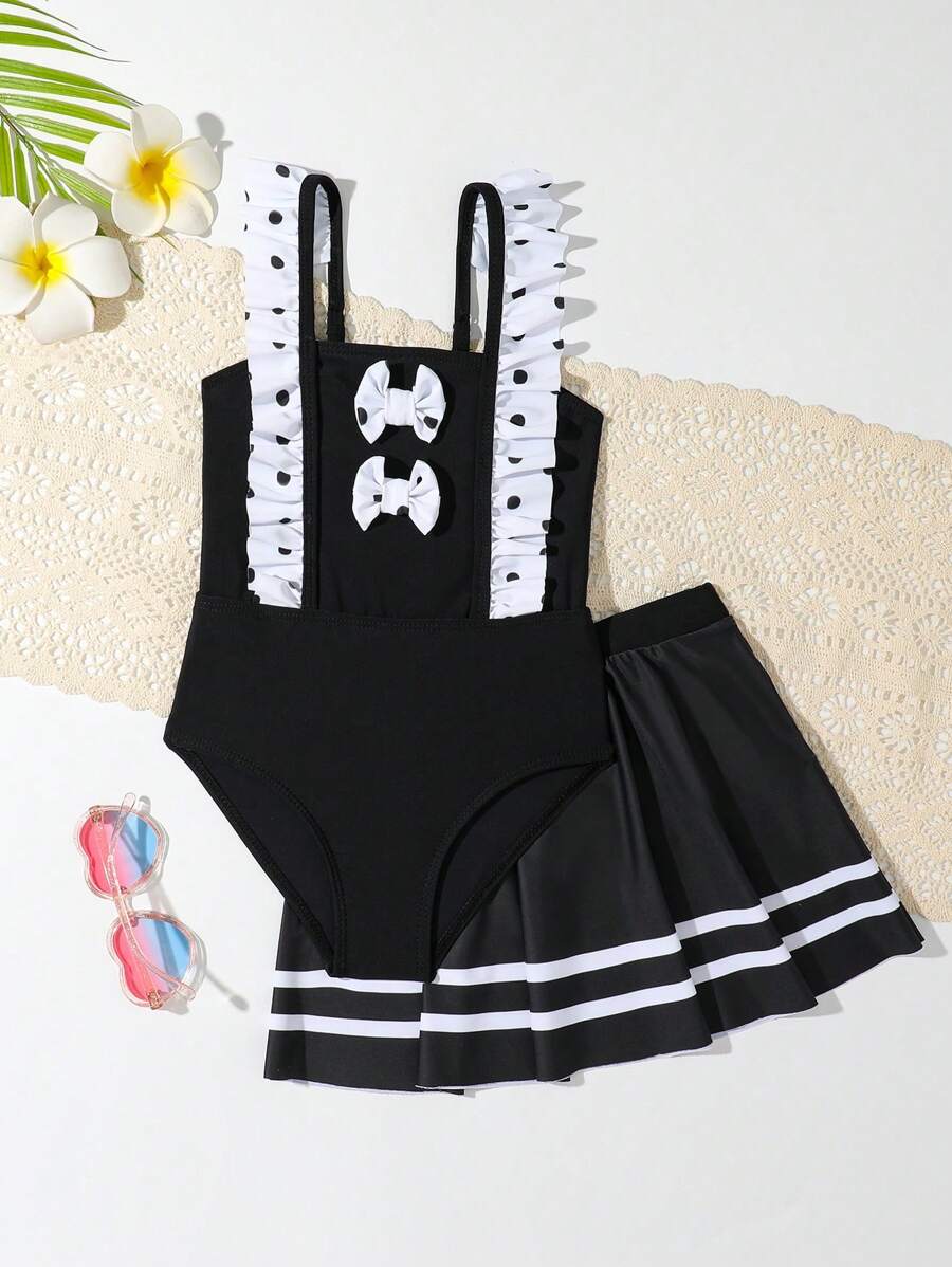 Einteiliger Badeanzug für Kleine Mädchen mit gepunktetem Muster und Zierteil für Strand im Sommer - Schwarz und Weiss - Übersicht 1