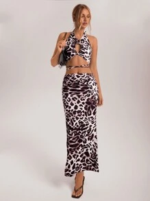 Aloruh Women's Summer Vacation Fashion Casual Daily Hollow Leopard Print Knitted Top Lace-Up And Fishtail Skirt Suit Two-Piece Set - Multicolor - View 1