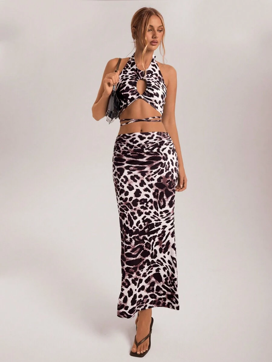 Aloruh Women's Summer Vacation Fashion Casual Daily Hollow Leopard Print Knitted Top Lace-Up And Fishtail Skirt Suit Two-Piece Set - Multicolor - View 1