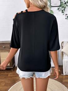 Breezaya Asymmetrisches Rundhals-Kurzarm-T-Shirt für Damen mit lockerer Passform und Rosen-Muster, Sommer